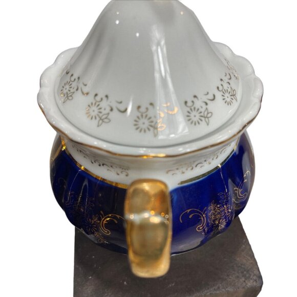 Vtg Italian Design Victorian Teapot Creamer Sugar Fine Porcelain Blue White Gold - Picture 9 of 12